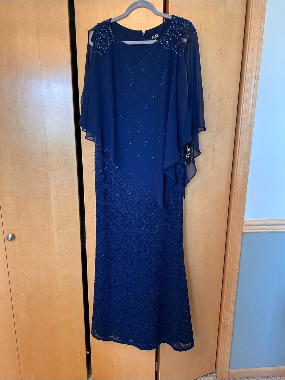NEW W TAGS SLNY Navy Beaded Lace Maxi Dress with Capelet WEDDING GUEST